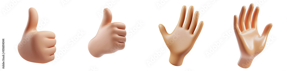 Poster png 3d icons and object three different hand gestures including thumbs up and open hand, symbolizing