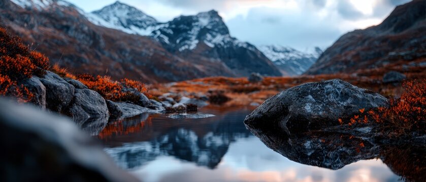  A foreground body of water lies before a mountain range with snow-capped peaks in the background