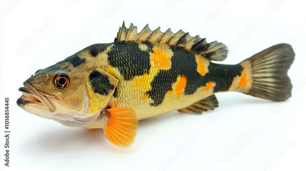 Poster vibrant peacock bass cichla ocellaris is displayed against a white backdrop highlighting its distinc