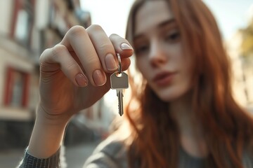 A young Caucasian woman holding a key, symbolizing new beginnings and opportunities.