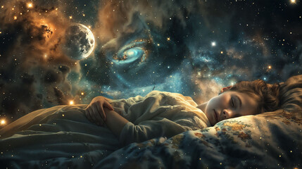 Serene sleeper immersed in cosmic dreamscape. Celestial bodies, including moon and galaxy, float above. Magical ambiance blends reality with fantasy, evoking wonder and imagination