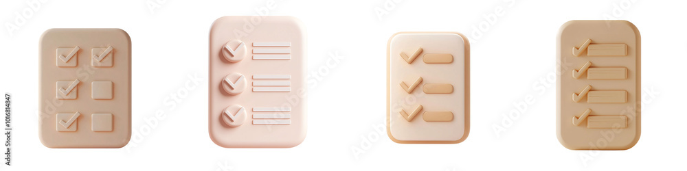 Poster png 3d icons and object minimalist checklist icons in soft pastel colors, featuring various designs 