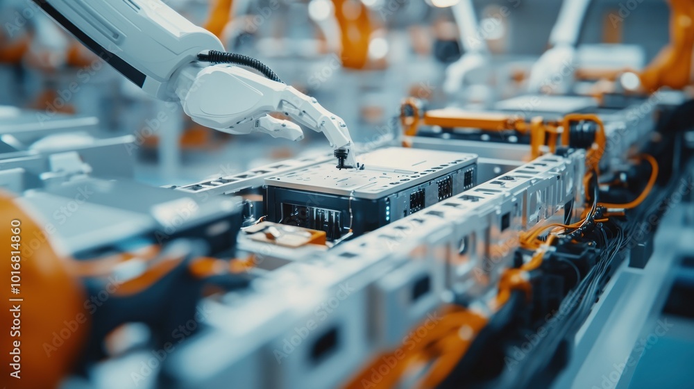 Aufkleber advanced factory with robotic hands assembling vehicle battery production machines background wallpa