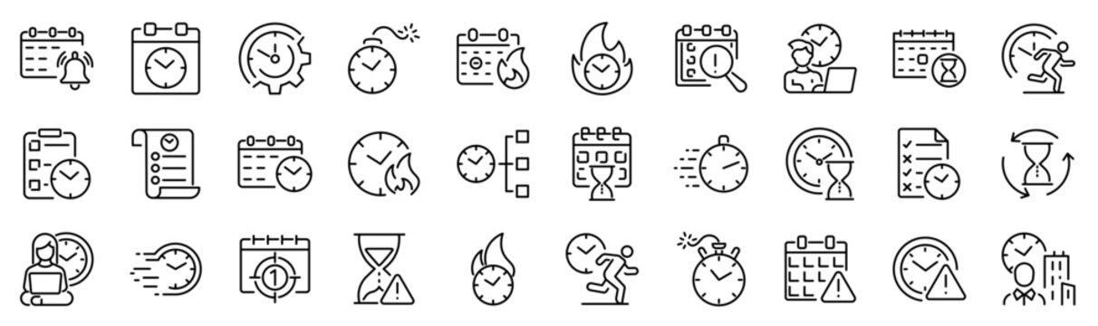 Set of 30 outline icons related to deadline. Linear icon collection. Editable stroke. Vector illustration