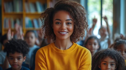 A cheerful teacher standing at the front of a lively classroom, surrounded by young students who are engaged and participating. the bright, educational environment is filled with books, showcasing a