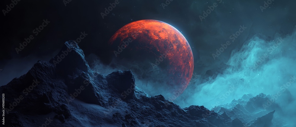 Wall mural a red planet in the midst of a dark sky, featuring a mountain in the foreground and clouds hovering 