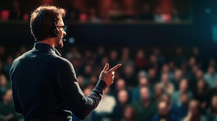 motivational speaker engaging an audience on stage with a headset, radiating enthusiasm and inspiration, set against a backdrop of eager listeners