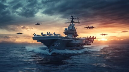 A naval aircraft carrier navigates the ocean at sunset, accompanied by fighter jets in formation.