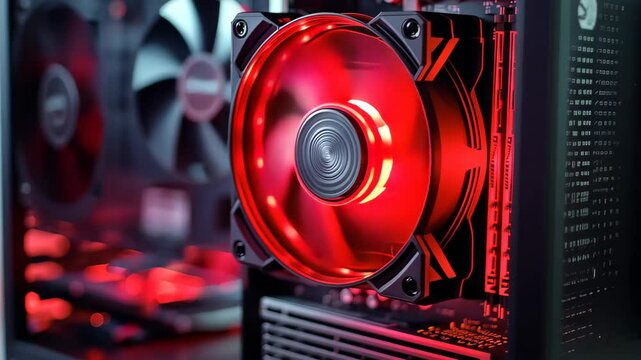 Red computer fan spinning inside pc case