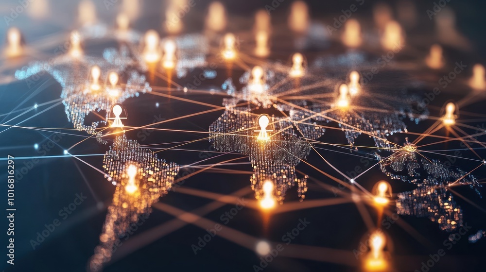 Poster a digital representation of a connected world with glowing nodes and networks.