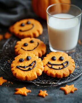 Naklejki Creative pumpkin jam cookies with funny faces and a glass of milk