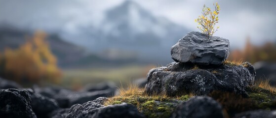  A rock bearing a plant, its growth sprouting from atop a stone heap Behind, a towering mountain
