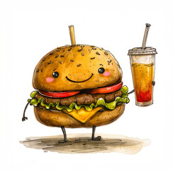 A cartoon burger is holding a straw in a cup. The burger is smiling and he is happy