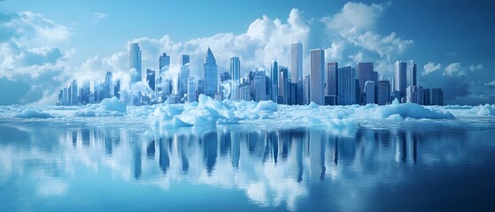Fototapeta premium Melting glacier with a corporate city skyline in the background visualizing the impact of industrial growth on climate change The icy reflective waters create a serene and minimalist scene