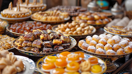 Moroccan dessert display with an assortment of date cakes, nut-filled pastries, and traditional sweets dusted with sugar.