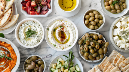 A vibrant Greek mezze spread featuring tzatziki, olives, feta cheese, and pita bread. Perfect for a Mediterranean feast and sharing.