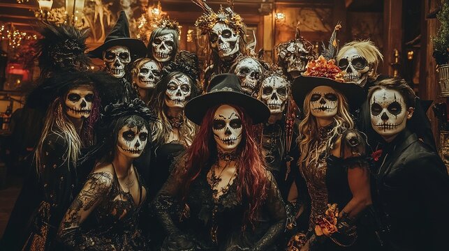 group photo at a Halloween party, with attendees in intricate costumes such as skeletons, monsters, and mystical creatures, surrounded by spooky decorations