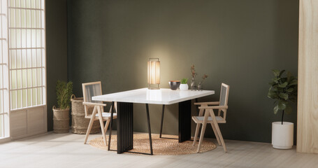 kitchen room dining table grey wall wood floor. 3d rendering