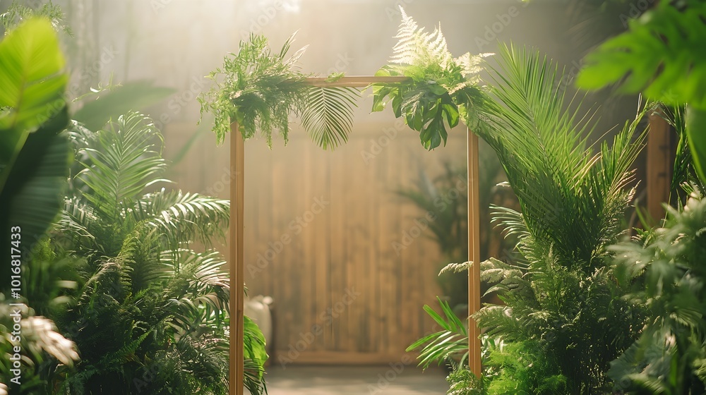 Poster lush botanical arch frame with wooden textures greenery and organic elements creating a clean sustai