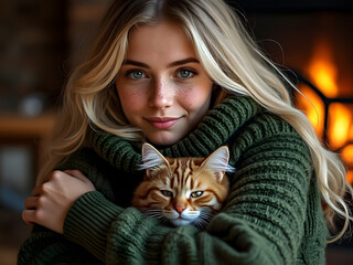 Beautiful blonde girl bunded up in warm green sweater snuggling her pet cat near the fireplace