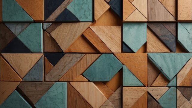 A geometric pattern of wood and tiles creates a modern and stylish aesthetic. The contrasting textures and colors add a touch of sophistication