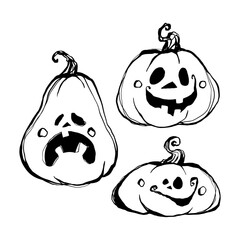 Halloween pumpkins set, doodle drawing, sketch style, black line on a white background