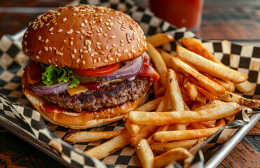 Enjoy a Delicious Burger accompanied by French Fries served on a Rustic Wooden Table. Indulge in a mouthwatering burger featuring a medley of fresh toppings, all served alongside crispy golden fries