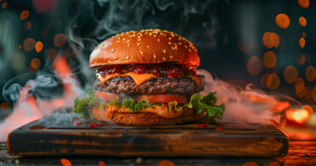 Indulge in a Delicious Smoky Cheeseburger made with Fresh Ingredients and Great Flavors. A mouthwatering cheeseburger with smoke, fresh lettuce, and a tasty sesame bun, perfect for food lovers