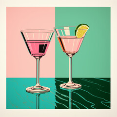 Elegant Martini Glasses with Pink Cocktail and Citrus Slice on Colorful Background – Modern Drink Illustration for Bar and Party Design 1960-1980 style