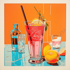 Refreshing Summer Cocktail with Ice and Citrus Fruits on Colorful Table – Vibrant Drink Illustration for Bar, Party, and Tropical Design 1970 style