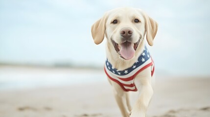 Playful Labrador Retriever in American Flag Dress at the Beach - Joyful Adventure Capturing Freedom and Fun