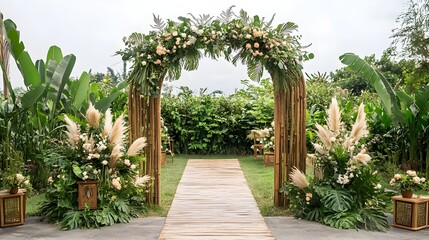 Fototapeta premium Lush botanical arch with natural wooden textures and earthy rustic look for an elegant outdoor event or wedding ceremony