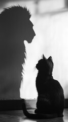 A black cat sits on the ground facing the wall. The silhouette of a majestic lion is projected onto the wall by the light source behind the scene. Concept of being strong, being a winner.