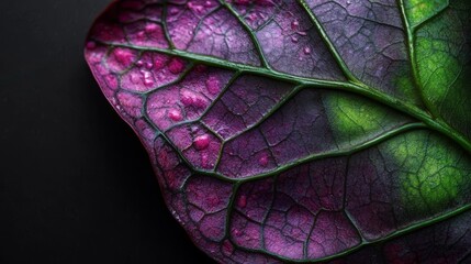 Fototapeta premium A purple-green leaf, closely framed, features water droplets on its surface against a black backdrop ..Or, for a more conc