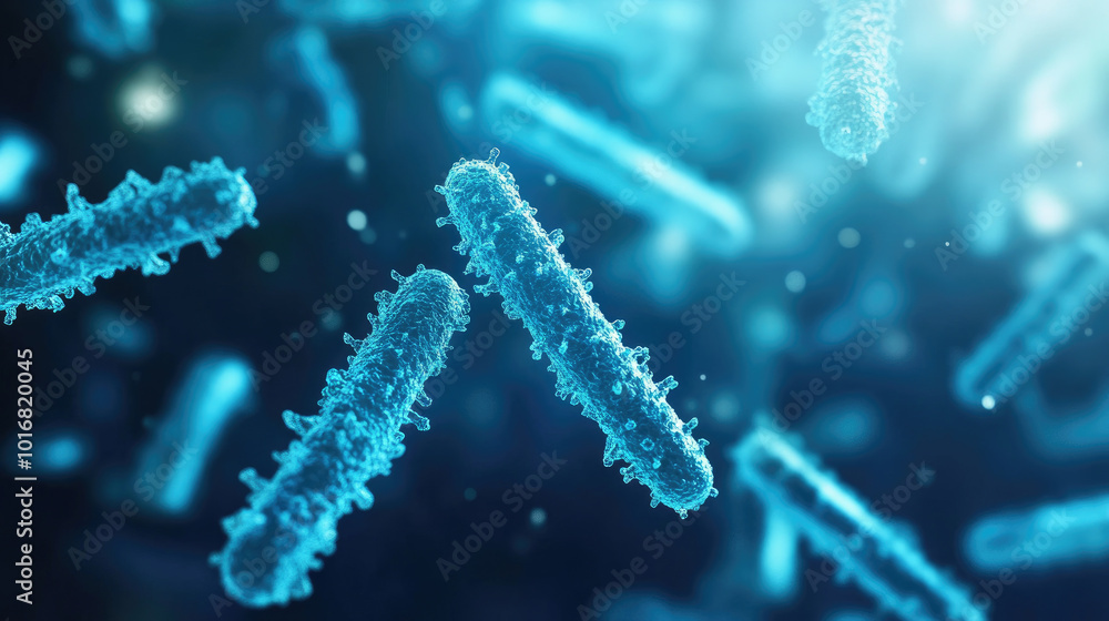 Poster bacterial structure in blue, intricate 3d representation showcasing diverse bacterial forms and text