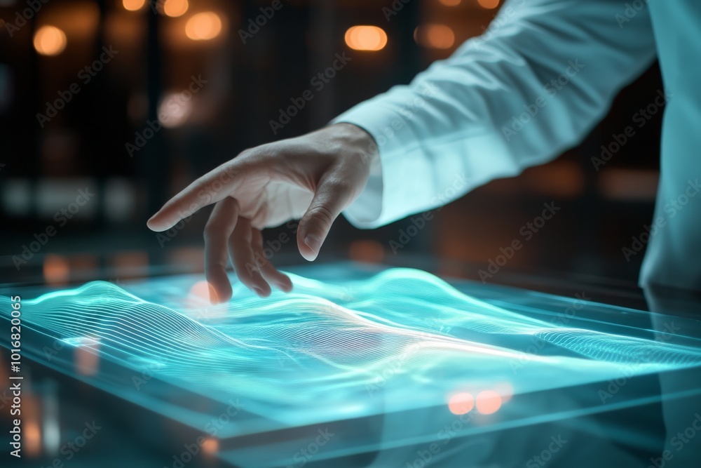 Poster a skilled individual interacts with a stateoftheart holographic display in a modern lab, emphasizing