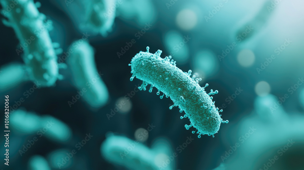 Poster intricate 3d visualization of bacteria in vibrant blue hues, exploring microbial structures and thei