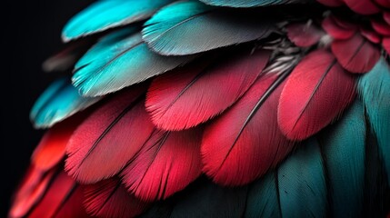 Fototapeta premium A tight shot of a multicolored bird's vibrant feathers against a black backdrop Featuring hues of red, blue, and green in the color scheme