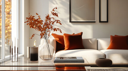 A sleek, modern living room with minimalist autumn decor. Think neutral tones accented with burnt orange pillows, a centerpiece of dried autumn leaves in a vase, and elegant candles on a glass coffee 