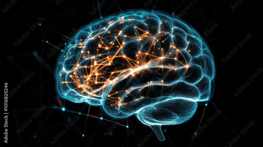 Poster intricate brain network, a detailed illustration of a brain surrounded by complex lines and dots, sy