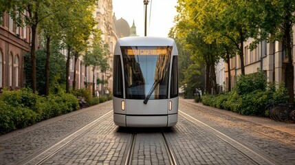 Obraz premium Modern tram on a quiet street, surrounded by lush trees and historic buildings, bathed in warm sunlight during golden hour.