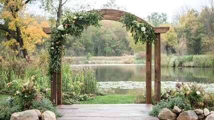 Rustic wooden arch decorated with lush greenery floral elements and natural textures creating an earthy sustainable aesthetic for outdoor events weddings or garden landscapes