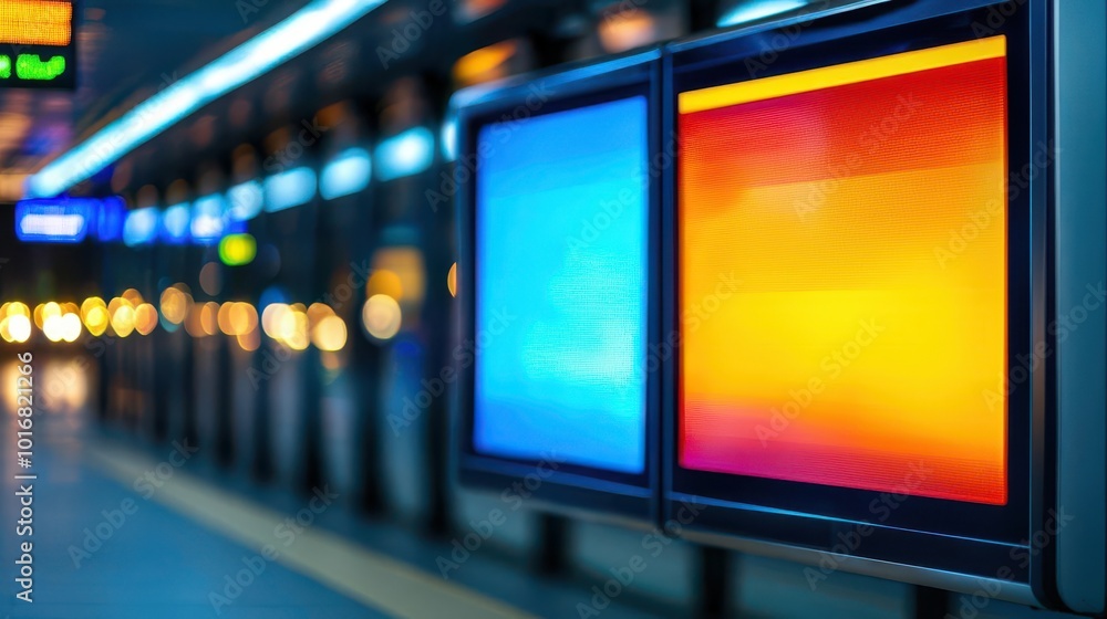 Poster modern subway station with vibrant digital display screens and dynamic lighting, creating a futurist