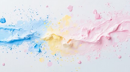 A serene splash of pastel colors--light blues, soft pinks, and gentle yellows--spreads across a clean white surface, evoking a sense of calm and delicate artistry.