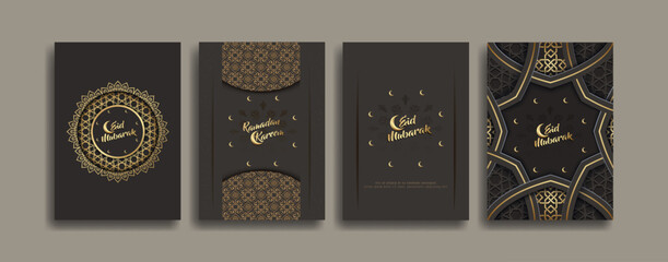 islamic greetings ramadan mubarak card set with islamic ornament and crescent moon
