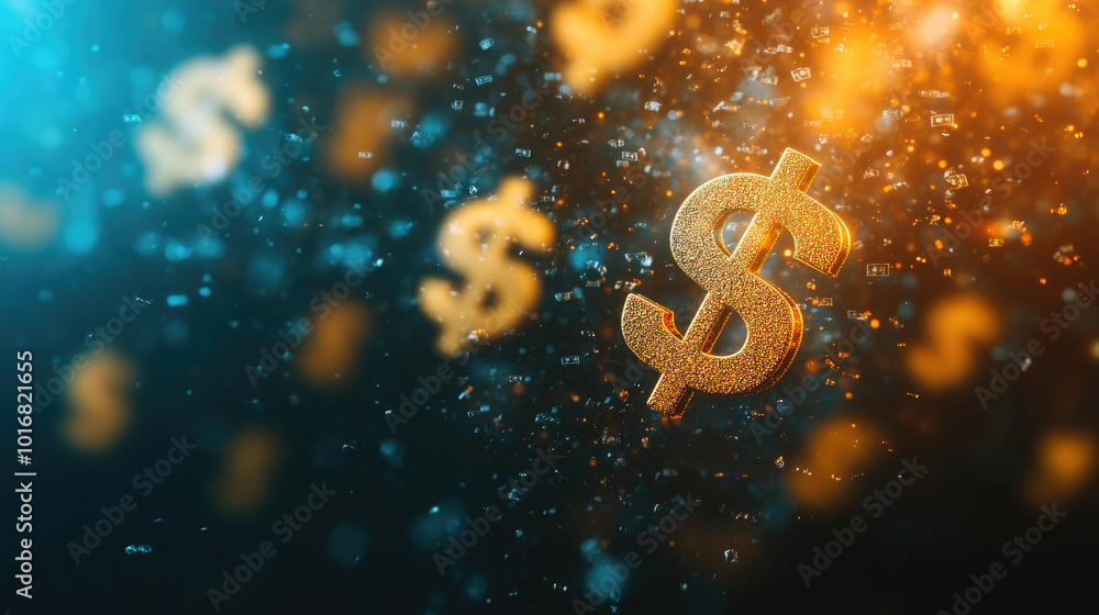 Poster floating dollar signs in a dark void, symbolizing wealth and opportunity, creating a striking contra