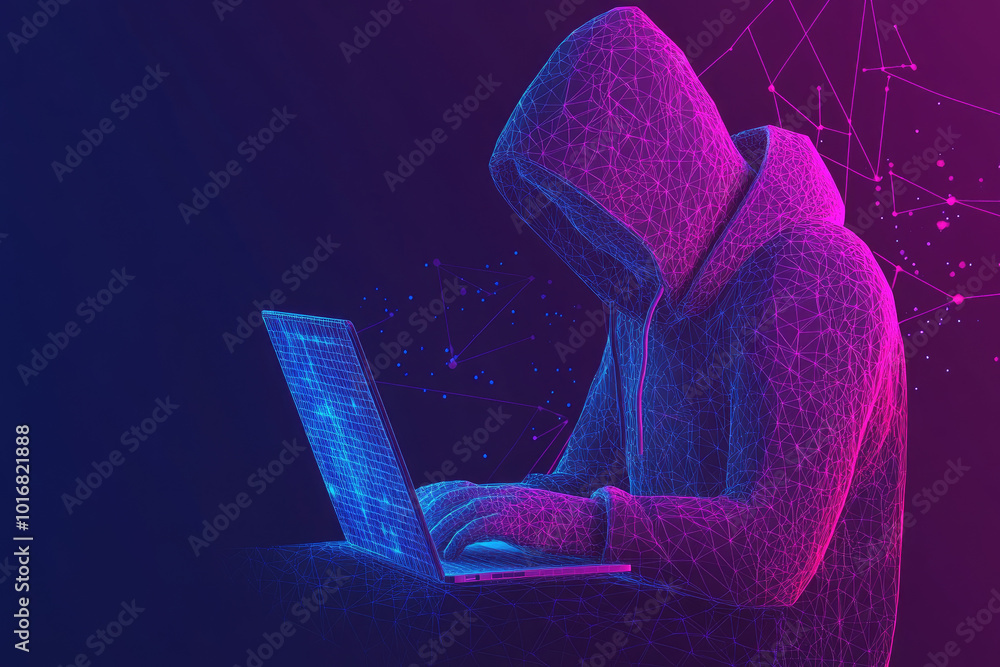 Poster abstract hacker figure with laptop, surrounded by a dark technological backdrop, symbolizing cyber a