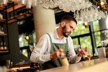 Talented bartender skillfully prepares a cocktail at a stylish urban bar on a sunny afternoon, showcasing artistry and precision in mixology