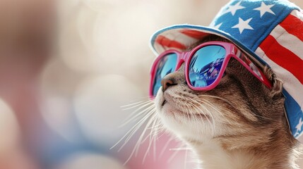 Fashionable Cat in American Flag Dress at Vibrant Street Fair - Bold and Energetic Scene Capturing Creative Spirit of Celebration