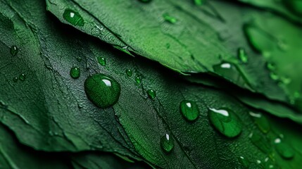 Fototapeta premium A close-up of a green leaf dotted with water drops The leaves are fully coated in these crystalline droplets
